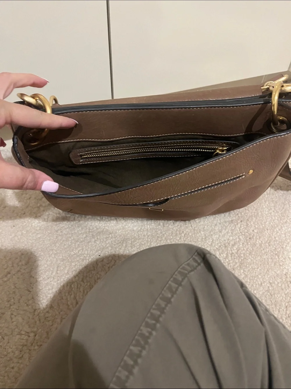 Ghurka Taupe Brown Leather Crossbody with Gold Ring Accent